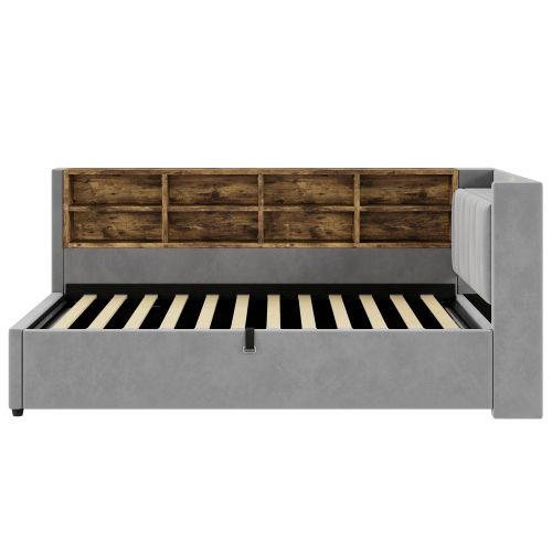 Lit Coffre 90x200 Cm, Tête De Lit, Éclairage Et Ports USB Et Type-c, En Velours, Gris