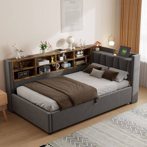 Lit Coffre 90x200 Cm, Avec Tête De Lit Éclairée, Ports USB Et Type-c, En Velours Gris
