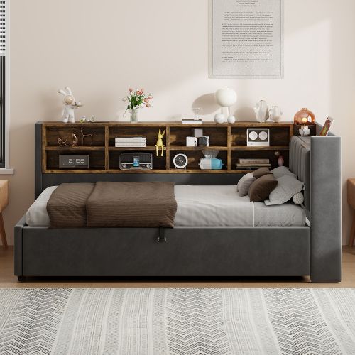 Lit Coffre 90x200 Cm, Avec Tête De Lit Éclairée, Ports USB Et Type-c, En Velours Gris
