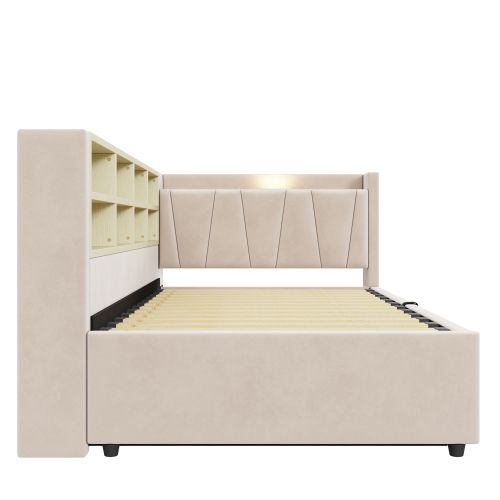Lit Coffre 90x200 Cm Avec Tête De Lit Éclairée, Avec Ports USB Et Type-c, En Velours Beige