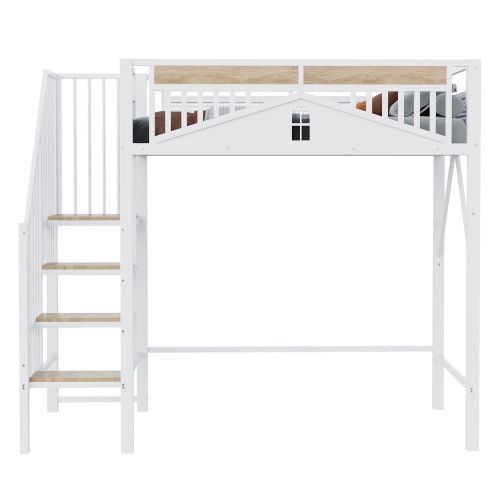 Lit Mezzanine 90x200 Cm, Avec Lattes, Rangement Dessous Et Échelle Sécurisée, En Métal, Blanc