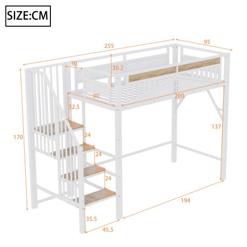 Lit Mezzanine 90x200 Cm, Avec Lattes, Rangement Dessous Et Échelle Sécurisée, En Métal, Blanc