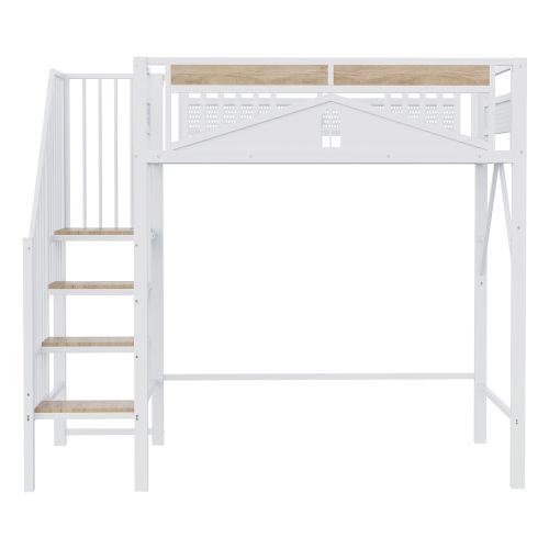 Lit Mezzanine 90x200 Cm, Avec Lattes, Rangement Dessous Et Échelle Sécurisée, En Métal, Blanc