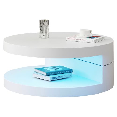 Table Basse Cylindrique Blanche Pivotante 360° Avec LED 16 Couleurs, Double Plateau