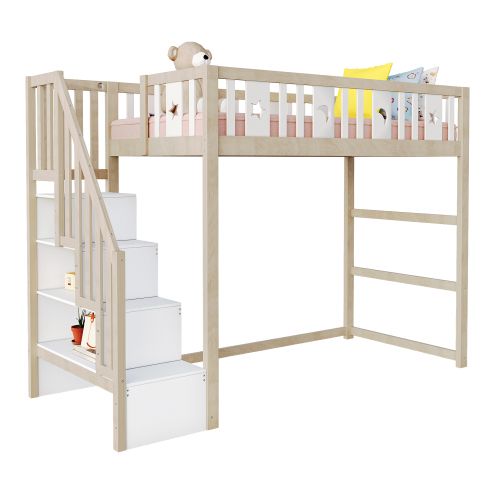 Lit Mezzanine 90x200 Cm Avec Escalier Et Rangements, En Bois, Blanc Et Naturel