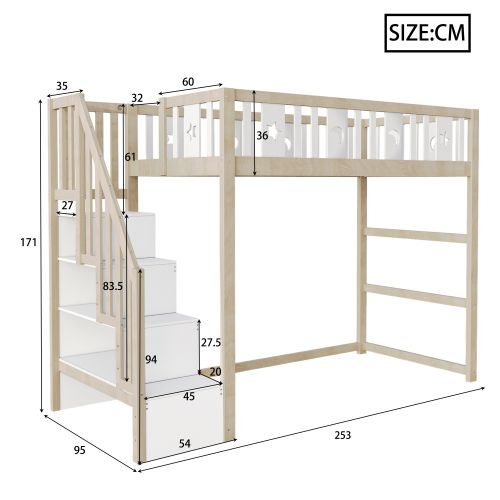 Lit Mezzanine 90x200 Cm Avec Escalier Et Rangements, En Bois, Blanc Et Naturel