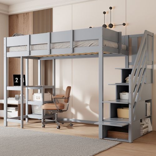 Lit Mezzanine 90x200 Cm, Lit Enfant Avec Étagère Et Lattes, En Bois, Gris