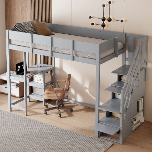 Lit Mezzanine 90x200 Cm, Lit Enfant Avec Étagère Et Lattes, En Bois, Gris