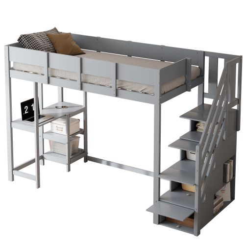 Lit Mezzanine 90x200 Cm, Lit Enfant Avec Étagère Et Lattes, En Bois, Gris