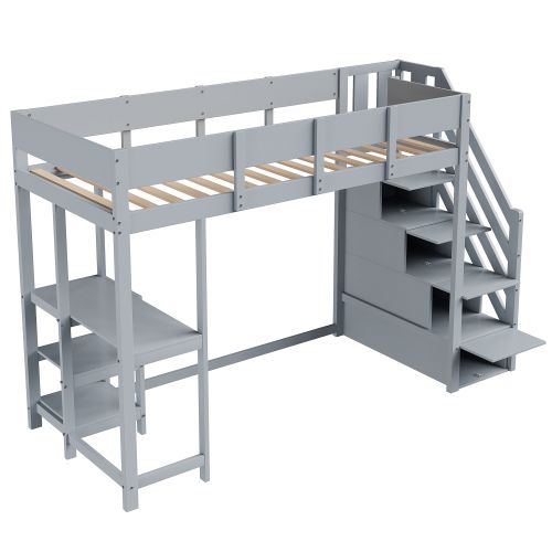 Lit Mezzanine 90x200 Cm, Lit Enfant Avec Étagère Et Lattes, En Bois, Gris