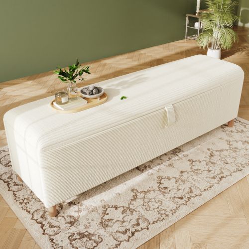 Banc De Lit Avec Espace De Rangement, 145x38 Cm, Hydraulique, En Velours Côtelé Beige