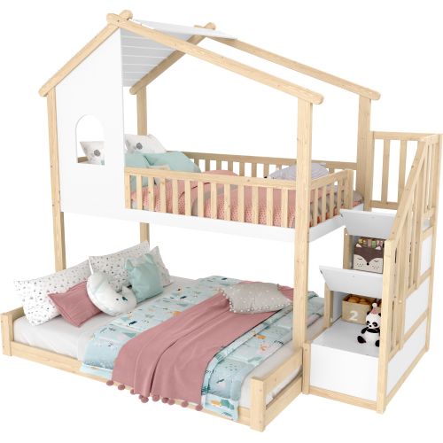 Lit Superposé 90x200 Cm Et 140x200 Cm, Avec Rangement Et Barrières, En Bois, Naturel Et Blanc