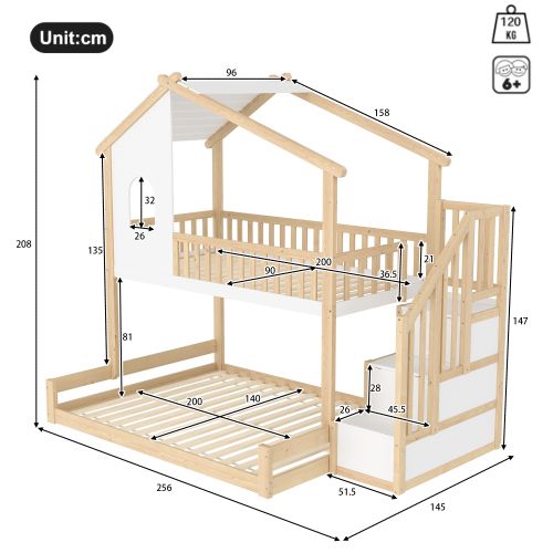 Lit Superposé 90x200 Cm Et 140x200 Cm, Avec Rangement Et Barrières, En Bois, Naturel Et Blanc