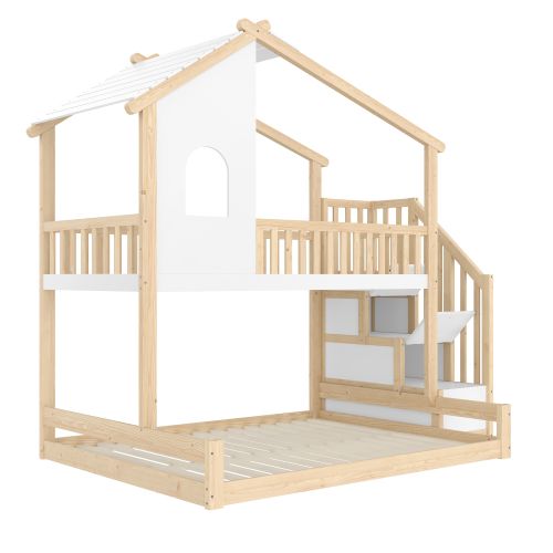 Lit Superposé 90x200 Cm Et 140x200 Cm, Avec Rangement Et Barrières, En Bois, Naturel Et Blanc