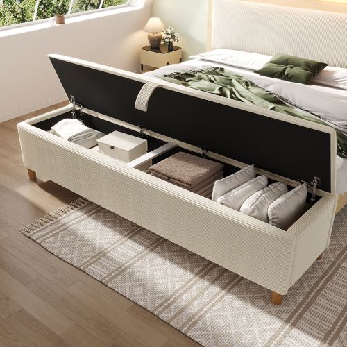 Banc De Lit Avec Espace De Rangement, 165x38 Cm, Hydraulique, En Velours Côtelé Beige