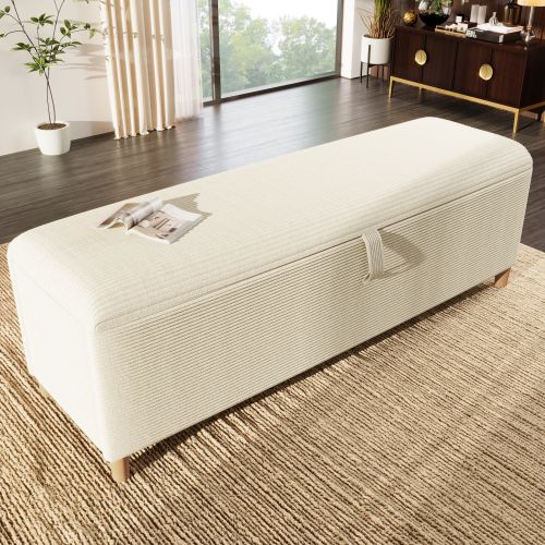 Banc De Lit Avec Espace De Rangement, 165x38 Cm, Hydraulique, En Velours Côtelé Beige