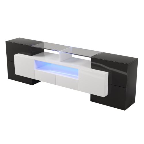 Meuble TV 200 Cm, Brillante, Avec 4 Portes, 2 Tiroirs, 3 Niches, Avec LED, Noir