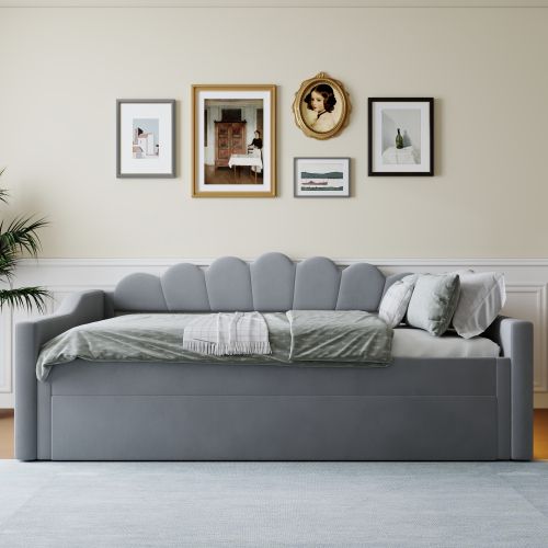 Lit Adulte 140x200 Cm Avec Lit Gigogne, Tête De Lit Et Lattes, LED Intégrée, En Lin, Gris