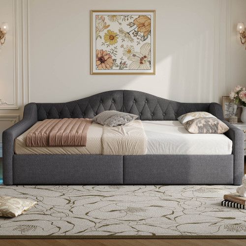 Lit Coffre 140x200 Cm, Lit Adulte Avec LED, Sommier à Lattes, En Lin, Gris