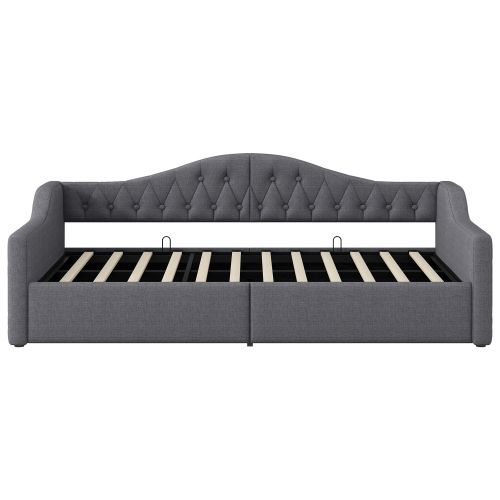 Lit Coffre 90x200 Cm, Lit Enfant Avec LED, Sommier à Lattes, En Lin, Gris