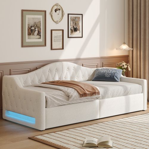 Lit Enfant 90x200 Cm, Cadre De Lit Avec Rangement Et LED, En Tissu, Beige