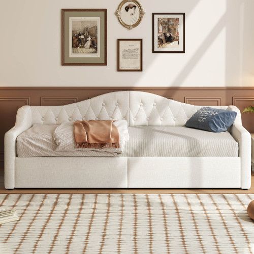 Lit Enfant 90x200 Cm, Cadre De Lit Avec Rangement Et LED, En Tissu, Beige