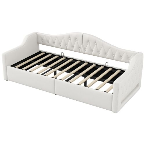 Lit Enfant 90x200 Cm, Cadre De Lit Avec Rangement Et LED, En Tissu, Beige