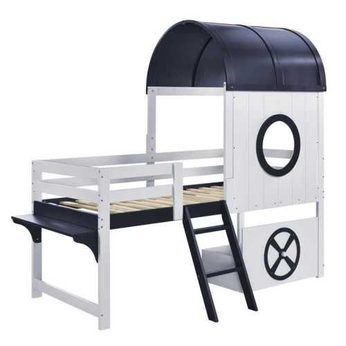 Lit Cabane 90x200 Cm, Lit Enfant Avec Toit, Tiroir Roulable Et Sommier à Lattes, Blanc Et Bleu