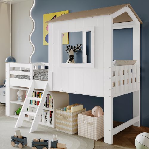 Lit Cabane 90x200 Cm, Lit Enfant Demi-hauteur Avec Rangement, En Bois, Blanc Et Naturel