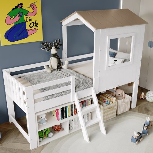 Lit Cabane 90x200 Cm, Lit Enfant Demi-hauteur Avec Rangement, En Bois, Blanc Et Naturel