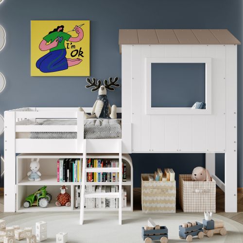 Lit Cabane 90x200 Cm, Lit Enfant Demi-hauteur Avec Rangement, En Bois, Blanc Et Naturel