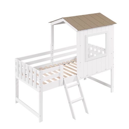 Lit Cabane 90x200 Cm, Lit Enfant Demi-hauteur Avec Rangement, En Bois, Blanc Et Naturel