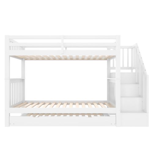 Lit Superposé 90x200 Cm, Avec Lit Gigogne Et Escalier De Rangement, En Bois, Blanc