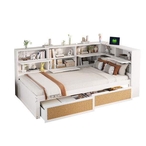 Lit Enfant 90x200 Cm, Avec 2 Tiroirs Et Ports De Charge, Avec Lattes, En Bois, Blanc