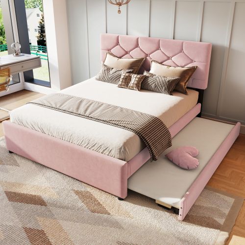 Lit Adulte 140x200 Cm Avec Lit Gigogne 90x190 Cm, Tête De Lit Capitonnée, En Velours, Rose