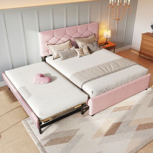 Lit Adulte 140x200 Cm Avec Lit Gigogne 90x190 Cm, Tête De Lit Capitonnée, En Velours, Rose