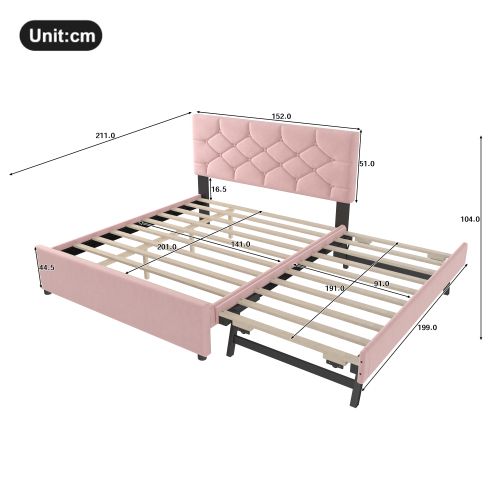 Lit Adulte 140x200 Cm Avec Lit Gigogne 90x190 Cm, Tête De Lit Capitonnée, En Velours, Rose