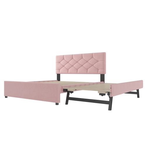 Lit Adulte 140x200 Cm Avec Lit Gigogne 90x190 Cm, Tête De Lit Capitonnée, En Velours, Rose