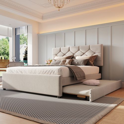 Lit Adulte 140x200 Cm Avec Lit Gigogne 90x190 Cm, Tête De Lit Capitonnée, En Velours, Beige