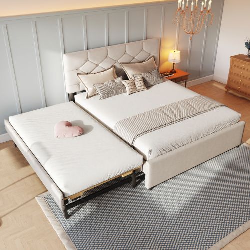 Lit Adulte 140x200 Cm Avec Lit Gigogne 90x190 Cm, Tête De Lit Capitonnée, En Velours, Beige