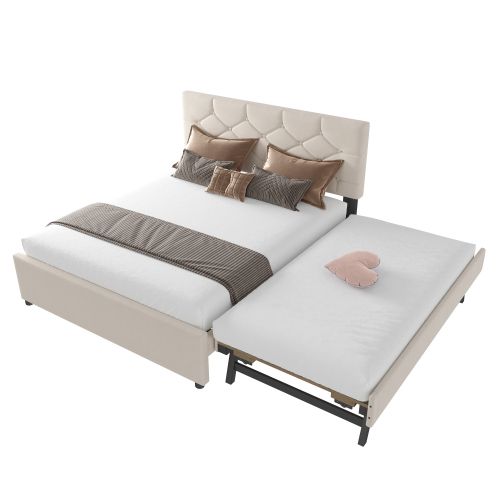Lit Adulte 140x200 Cm Avec Lit Gigogne 90x190 Cm, Tête De Lit Capitonnée, En Velours, Beige