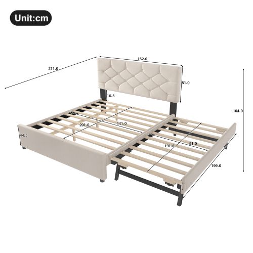 Lit Adulte 140x200 Cm Avec Lit Gigogne 90x190 Cm, Tête De Lit Capitonnée, En Velours, Beige