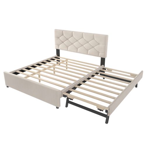 Lit Adulte 140x200 Cm Avec Lit Gigogne 90x190 Cm, Tête De Lit Capitonnée, En Velours, Beige