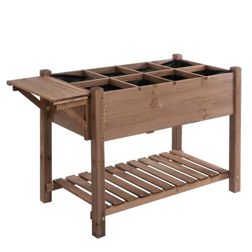 Carré Potager Surélevé En Bois 123x54x80 Cm Avec 8 Compartiments Et Tablette Rabattable, Marron