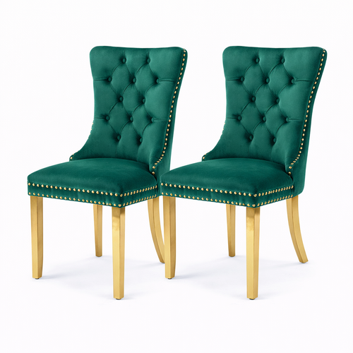 Lot De 2 Chaises De Salle à Manger En Velours Capitonné, Pieds Bois Massif, Vert