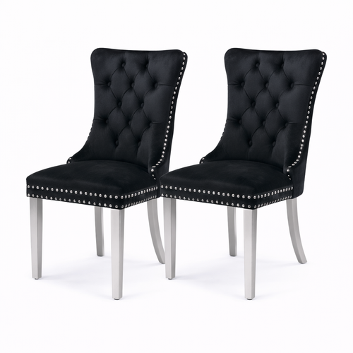 Lot De 2 Chaises De Salle à Manger En Velours Capitonné, Pieds En Bois Massif, Noir