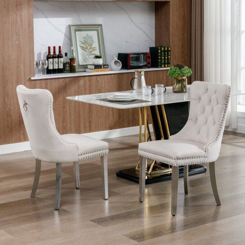 Lot De 2 Chaises De Salle à Manger En Velours Capitonné, Pieds Bois, Beige