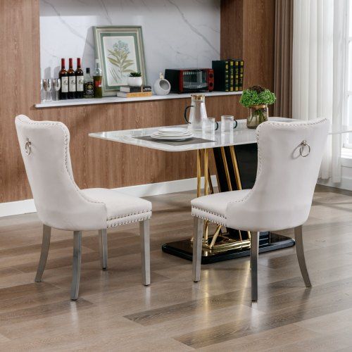 Lot De 2 Chaises De Salle à Manger En Velours Capitonné, Pieds Bois, Beige
