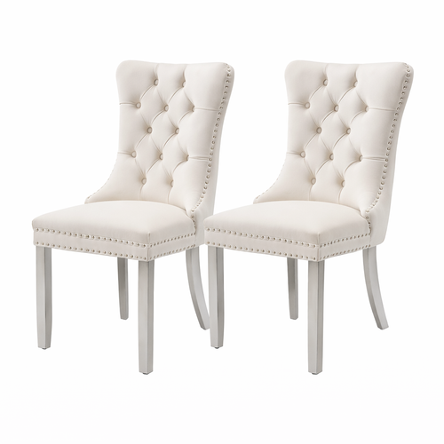 Lot De 2 Chaises De Salle à Manger En Velours Capitonné, Pieds Bois, Beige