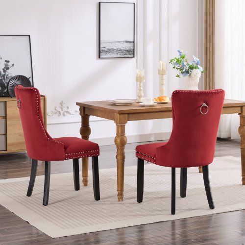 Lot De 2 Chaises De Salle à Manger En Velours Capitonné, Pieds En Bois Massif, Rouge Vin